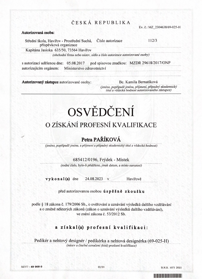Certifikát Paříková 1